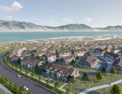 rendering of a beautiful community with mountains in the distance